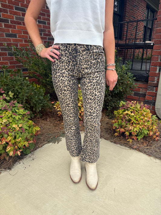 High Rise Crop Flare W/Distressed Hem in Leopard