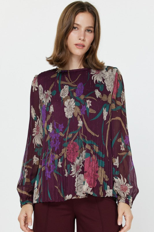 Pleated Blouse in Wine Multi