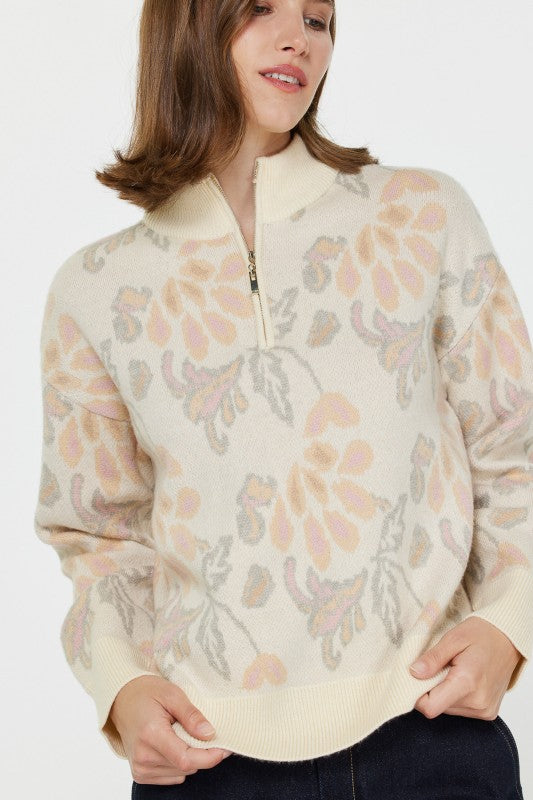 Pattern Jacquard Half Zip Sweater in Cream Multi