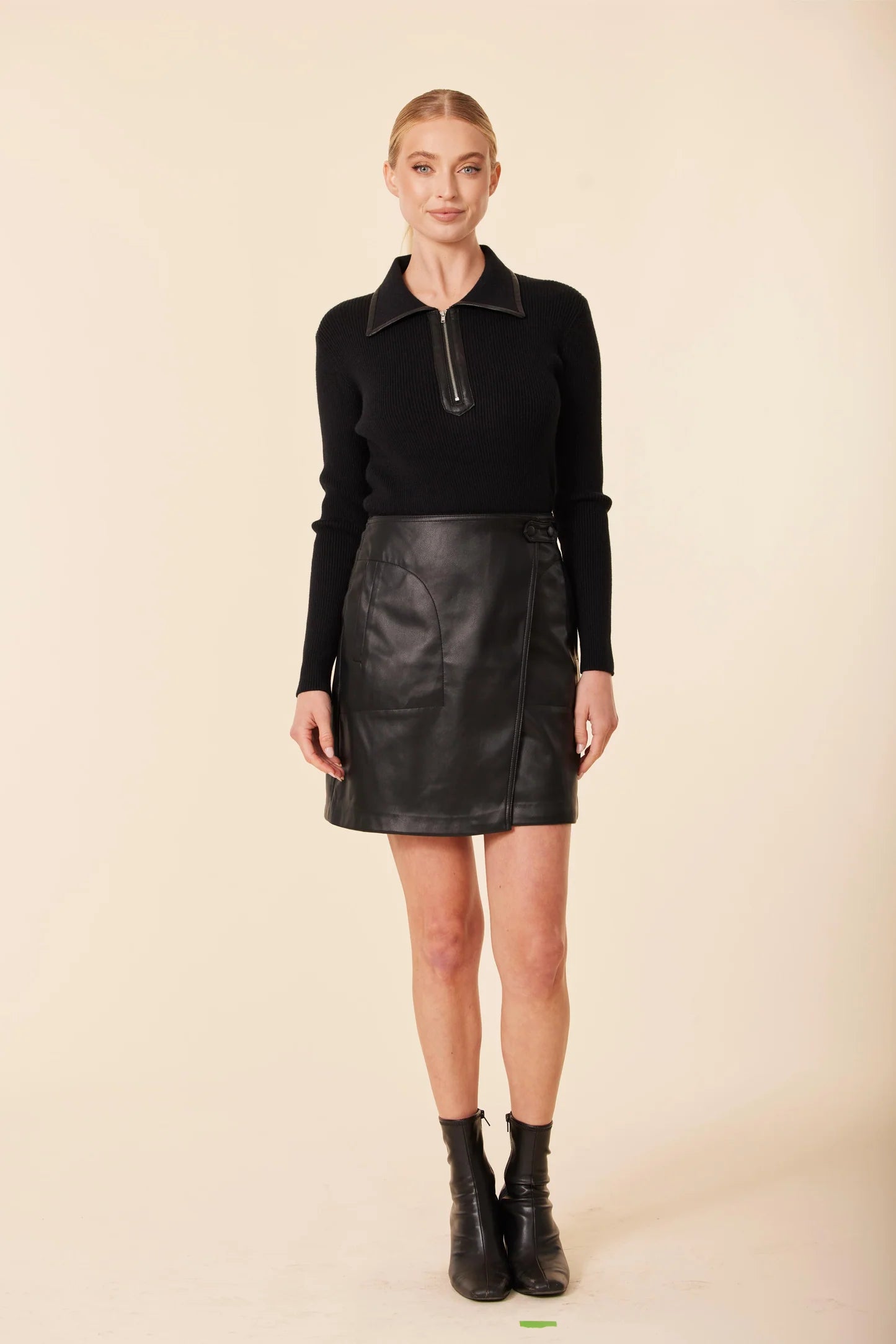 Zip Knit Vegan Leather Skirt Dress in Black