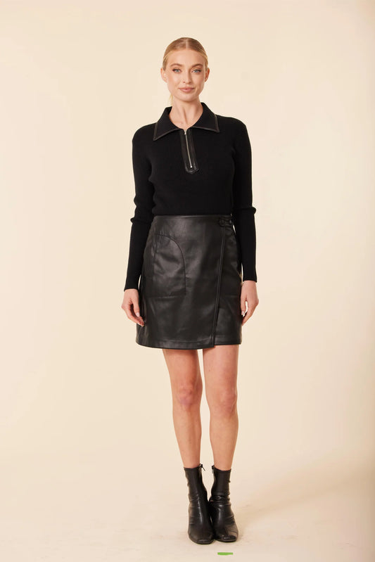 Zip Knit Vegan Leather Skirt Dress in Black