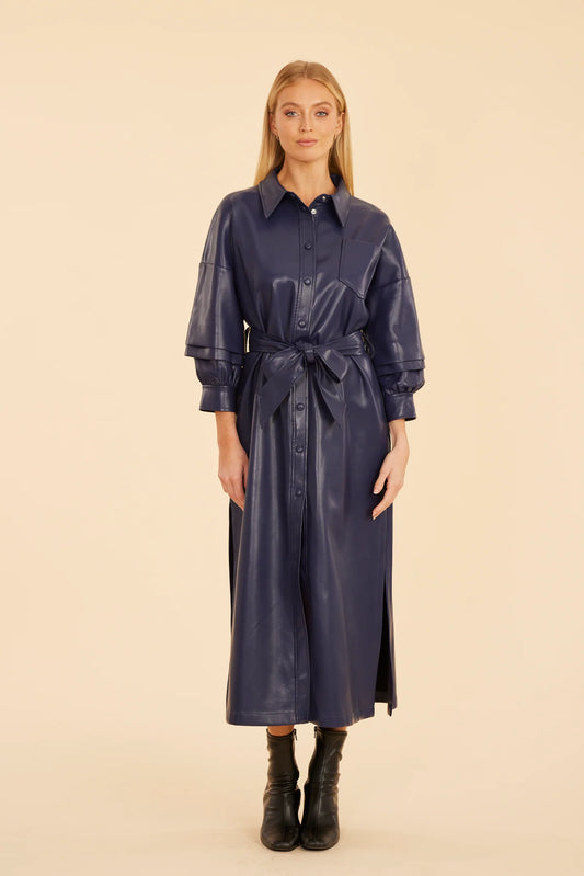 Vegan Leather Maxi Ruched Sleeve in Navy