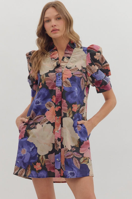 Black Floral Puff Sleeve Dress