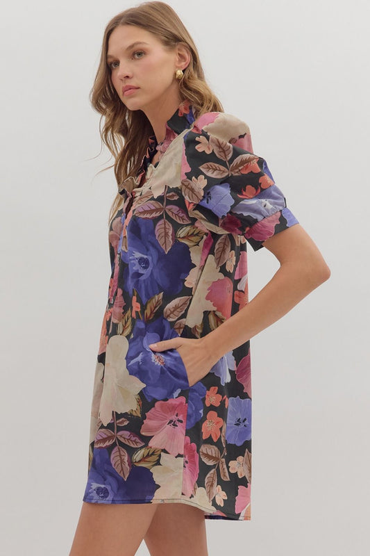 Black Floral Puff Sleeve Dress