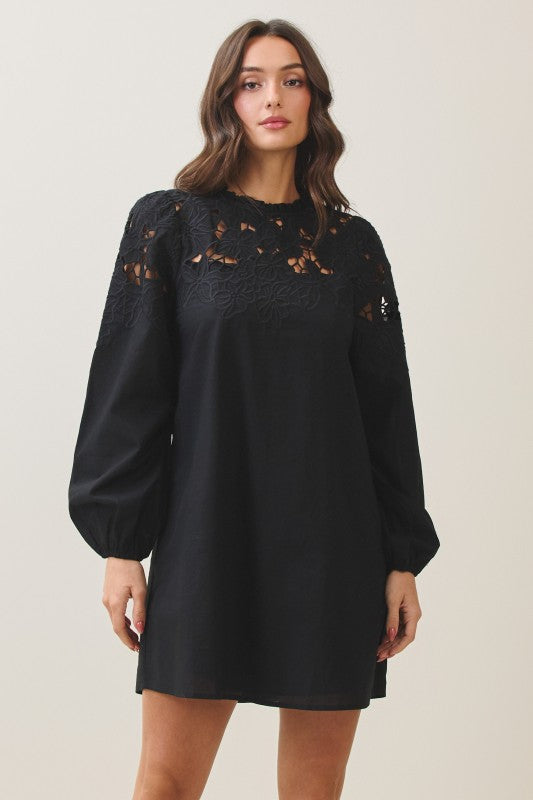 Embroidery Cut Out Detailed Mini Dress in Black