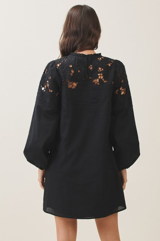 Embroidery Cut Out Detailed Mini Dress in Black