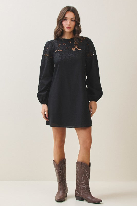 Embroidery Cut Out Detailed Mini Dress in Black