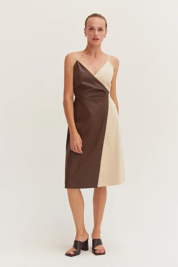 Ava Mixed Media Midi Dress in Brown/Bone