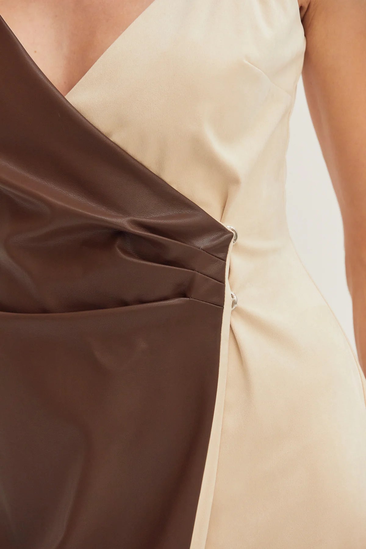 Ava Mixed Media Midi Dress in Brown/Bone