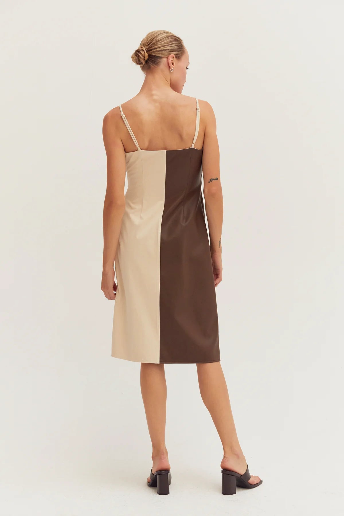 Ava Mixed Media Midi Dress in Brown/Bone