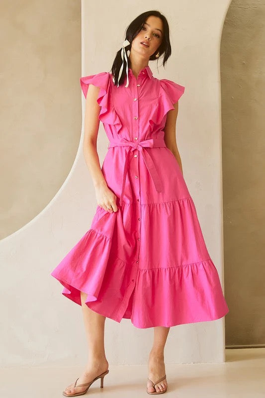 Shoulder Ruffle Button Down Midi Dress in Fuchsia