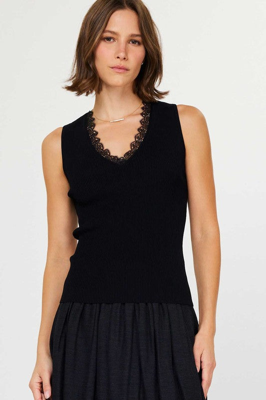 V Neck SL Tank W/Lace Detail
