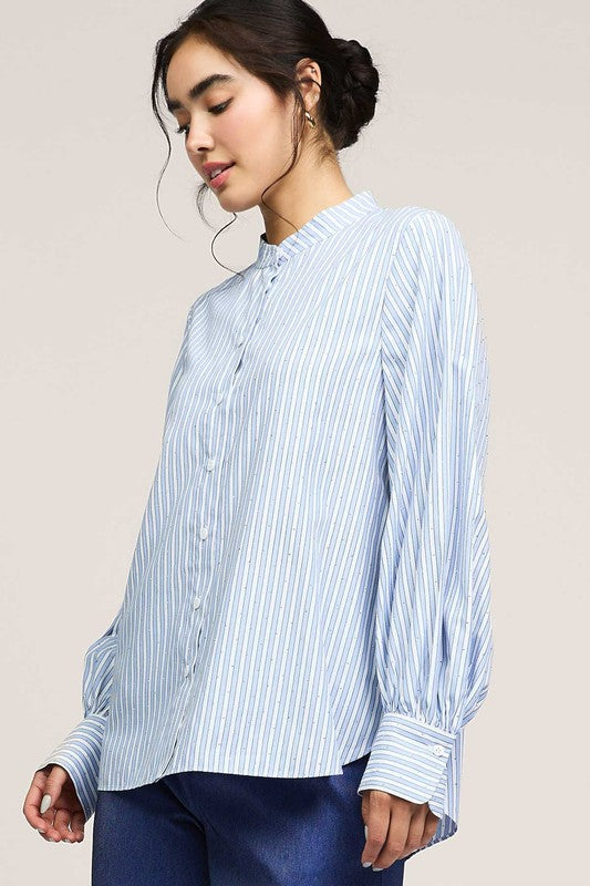 Striped Rhinestone Mandarin Collar Shirt in Light Blue Multi