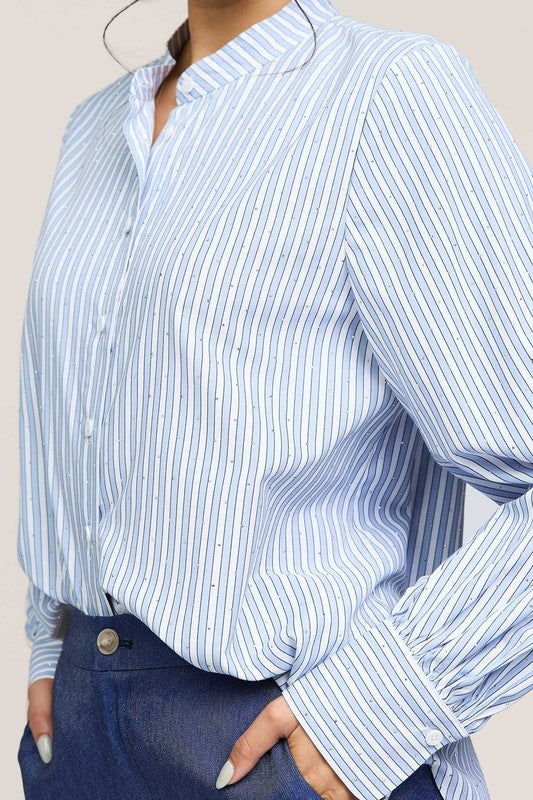 Striped Rhinestone Mandarin Collar Shirt in Light Blue Multi