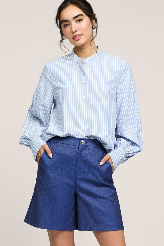 Striped Rhinestone Mandarin Collar Shirt in Light Blue Multi