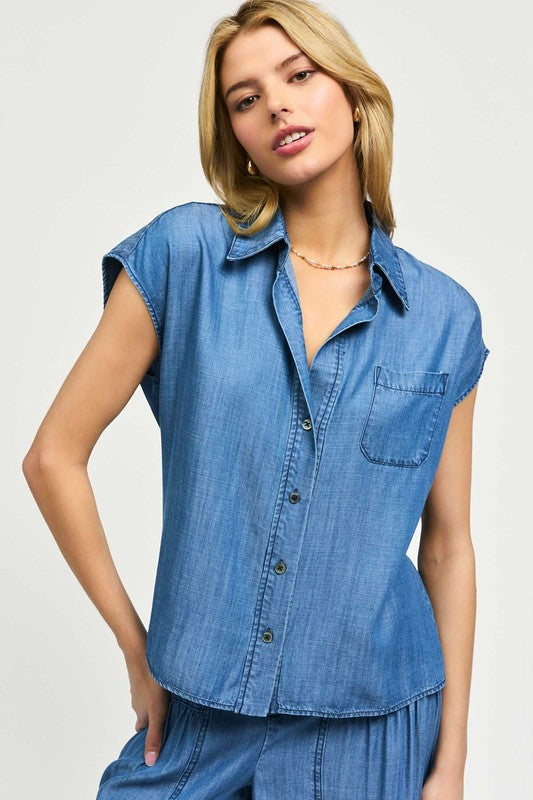 Cap Sleeve Button Down Blouse in Chambray