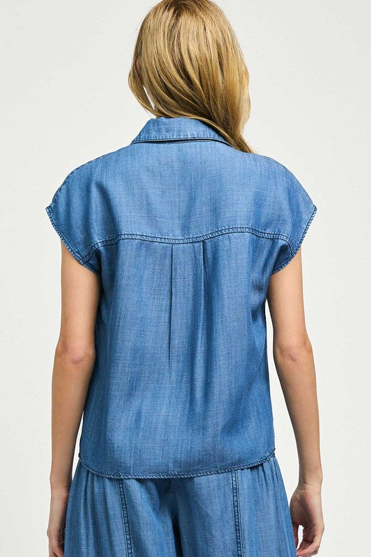 Cap Sleeve Button Down Blouse in Chambray