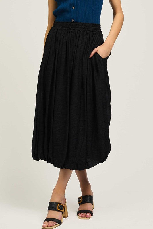Smocked Waist Bubble Midi Skirt in Black