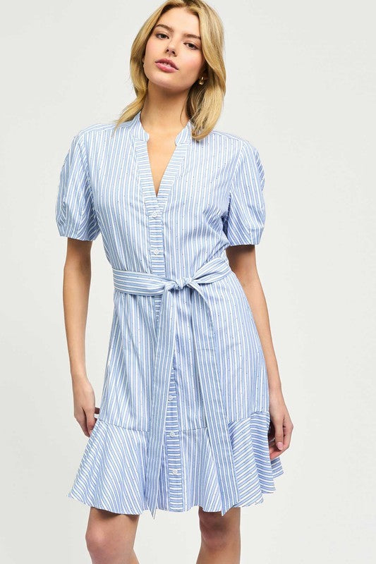 Button Front Striped Rhinestone Dress in Light Blue Multi