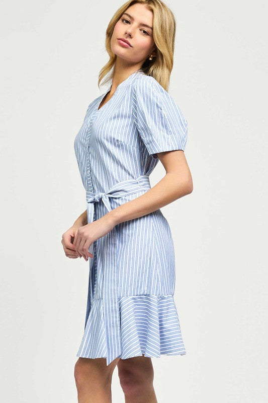 Button Front Striped Rhinestone Dress in Light Blue Multi