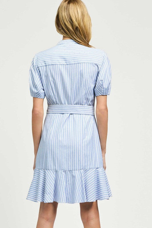 Button Front Striped Rhinestone Dress in Light Blue Multi