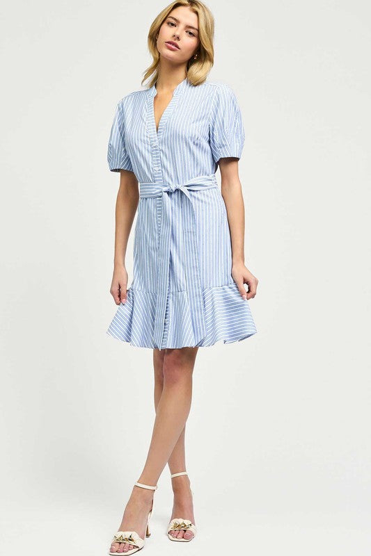Button Front Striped Rhinestone Dress in Light Blue Multi