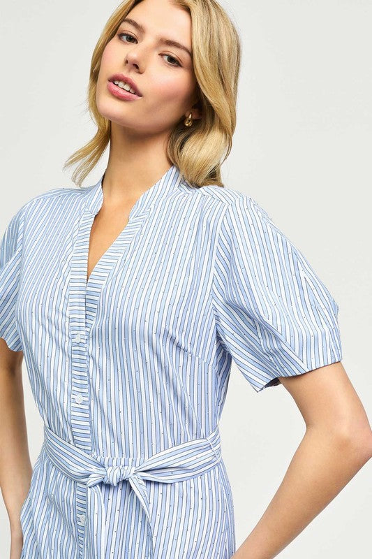 Button Front Striped Rhinestone Dress in Light Blue Multi