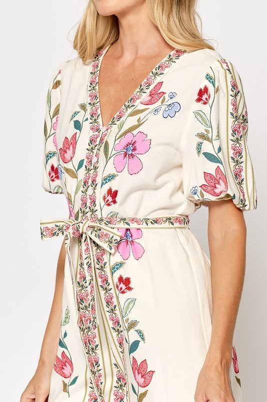 Short Sleeve Puff Sleeve Romper in Off White/Pink Multi