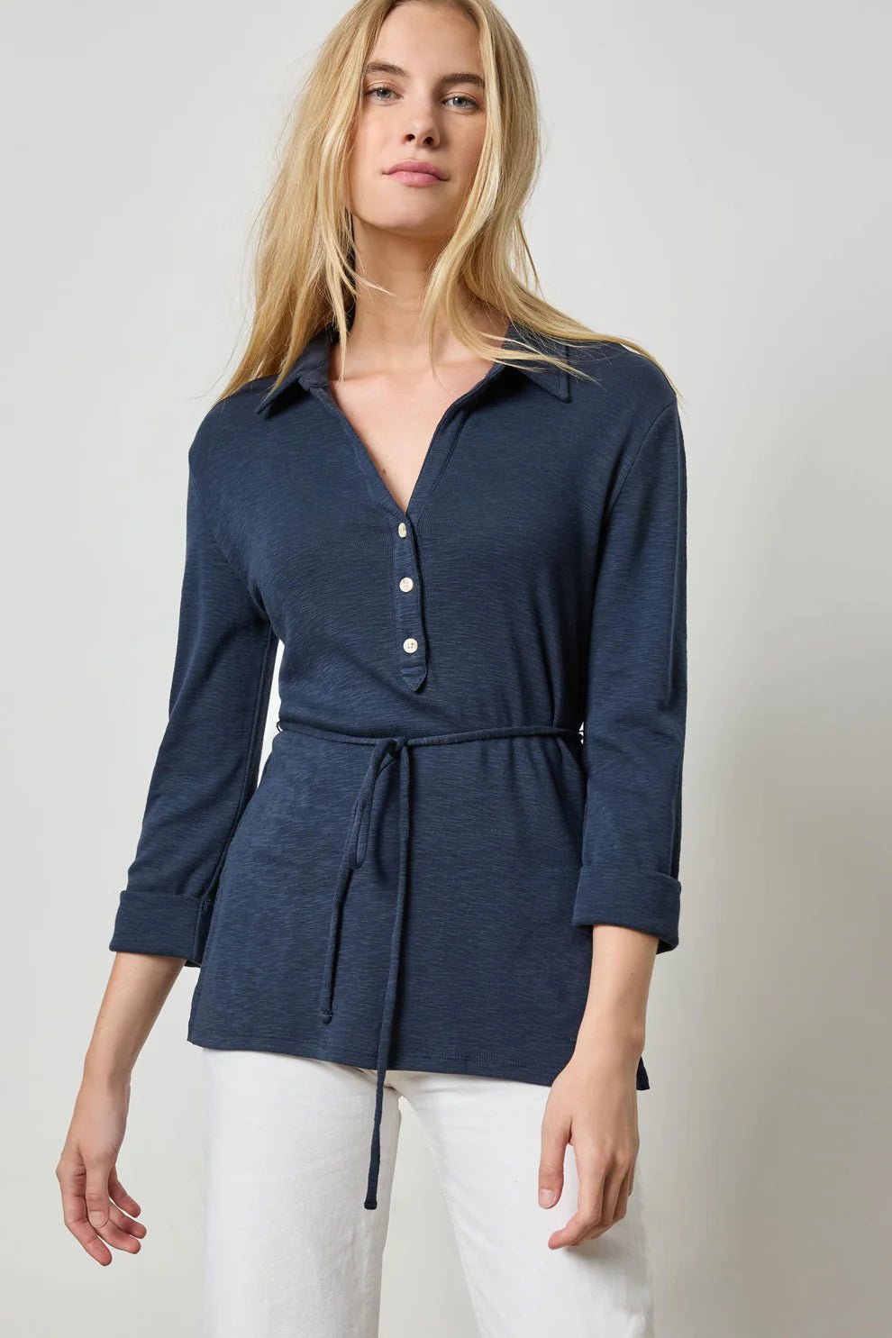 3/4 Sleeve Collared Top in Navy