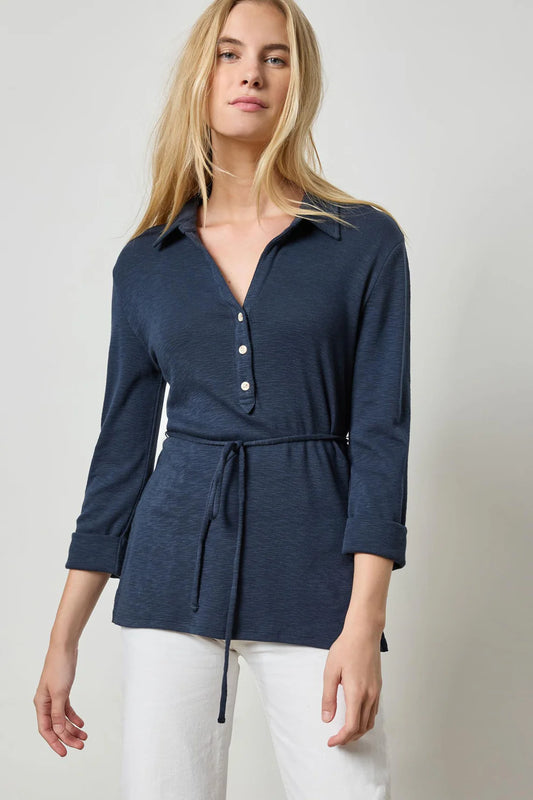 3/4 Sleeve Collared Top in Navy
