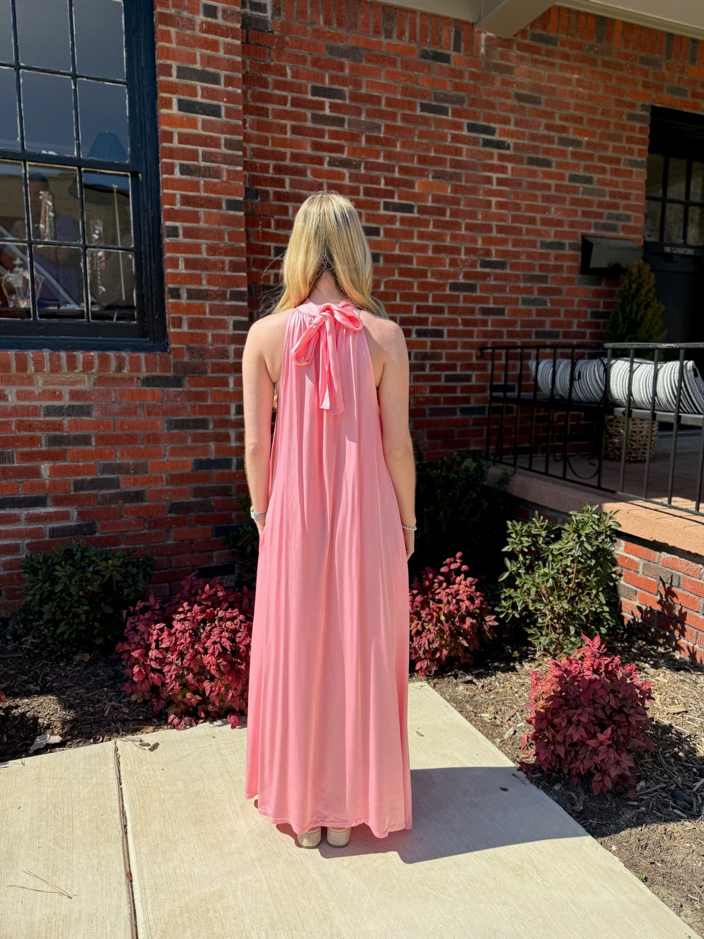 Long Satin Tie Neck Dress in Rose