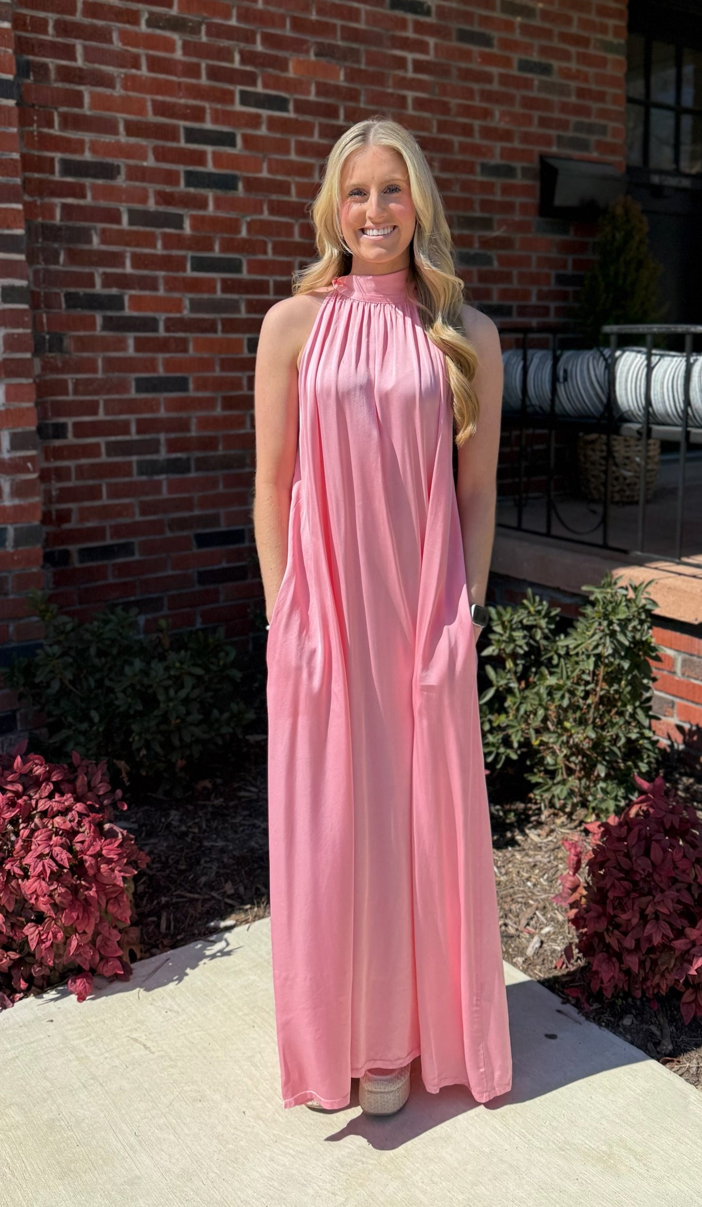 Long Satin Tie Neck Dress in Rose