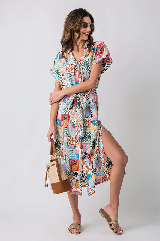 Printed Button Front Midi Dress in Off White Multi