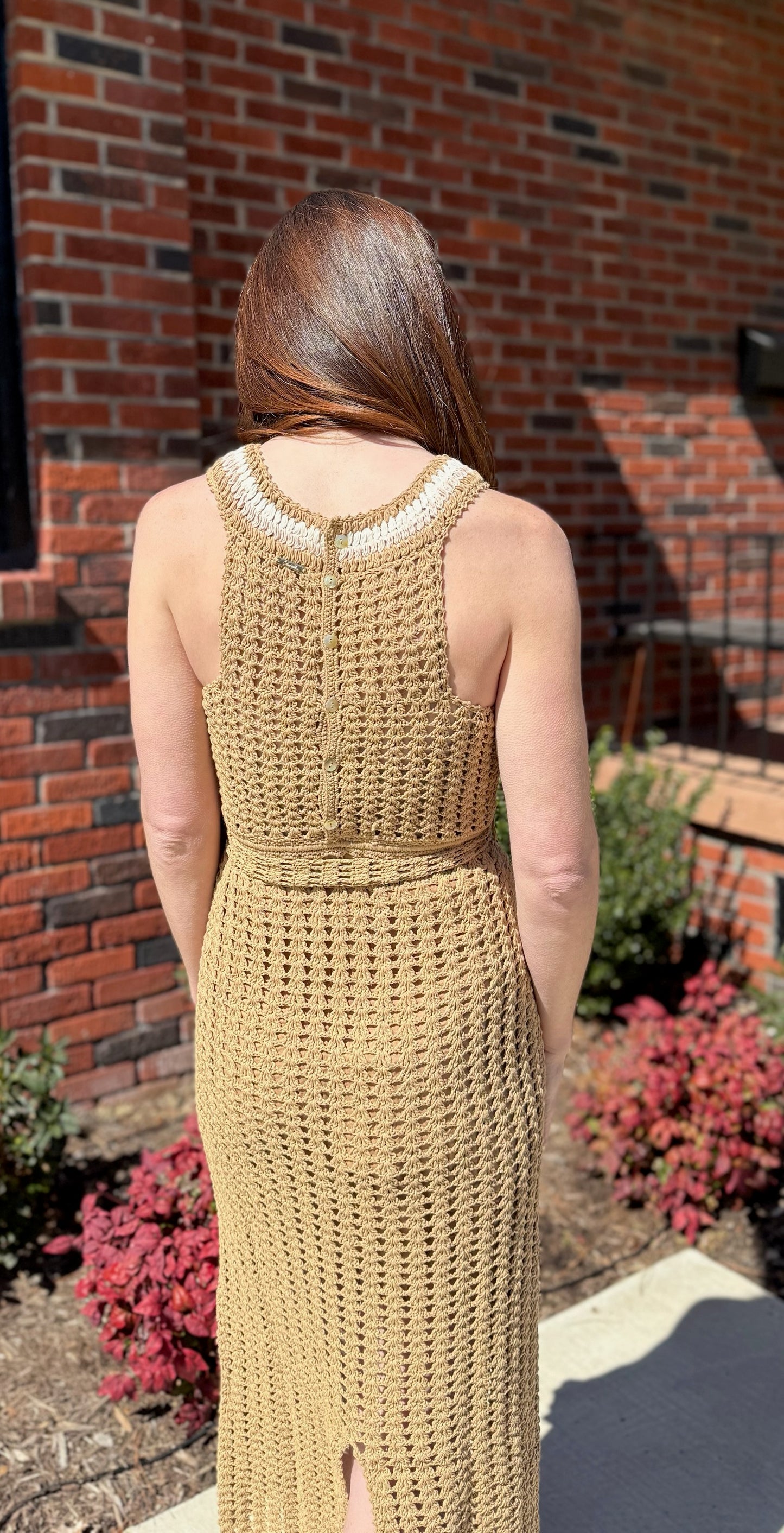 Kiana Crochet Midi Dress in Beige/Ivory