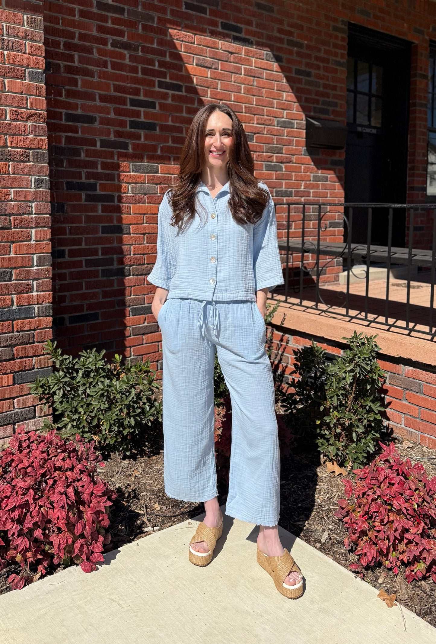Elastic Long Pants in Bluey Cotton Gauze