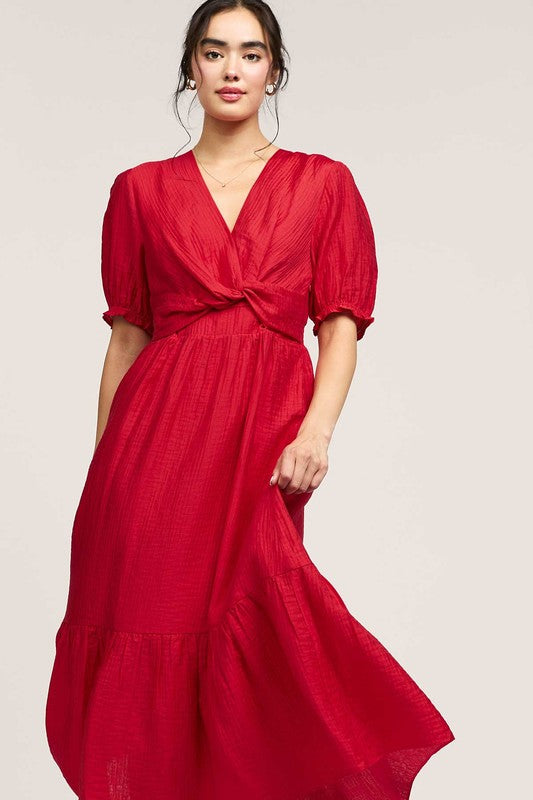 V Neck Midi Dress W/Twisted Underbust Detail