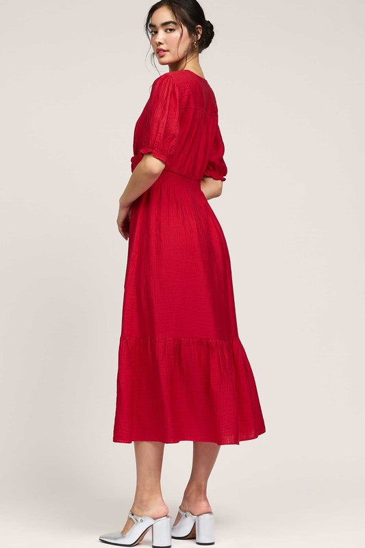 V Neck Midi Dress W/Twisted Underbust Detail