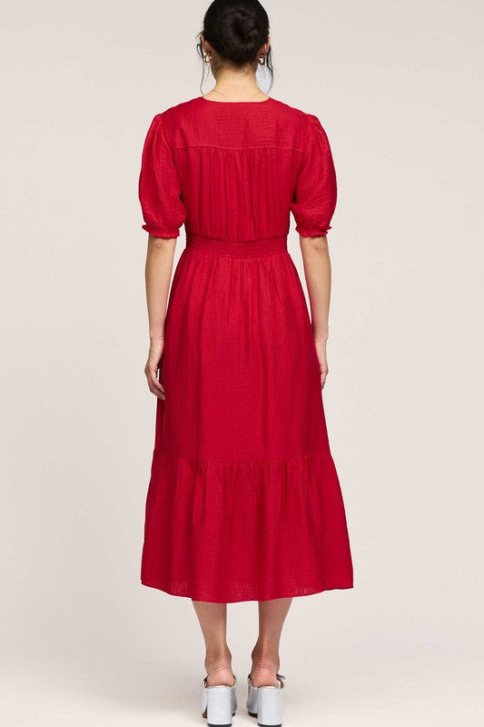 V Neck Midi Dress W/Twisted Underbust Detail