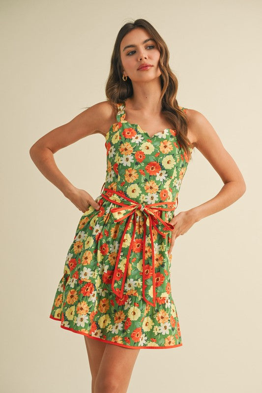 Scallop Edged Dress in Green Multi Floral