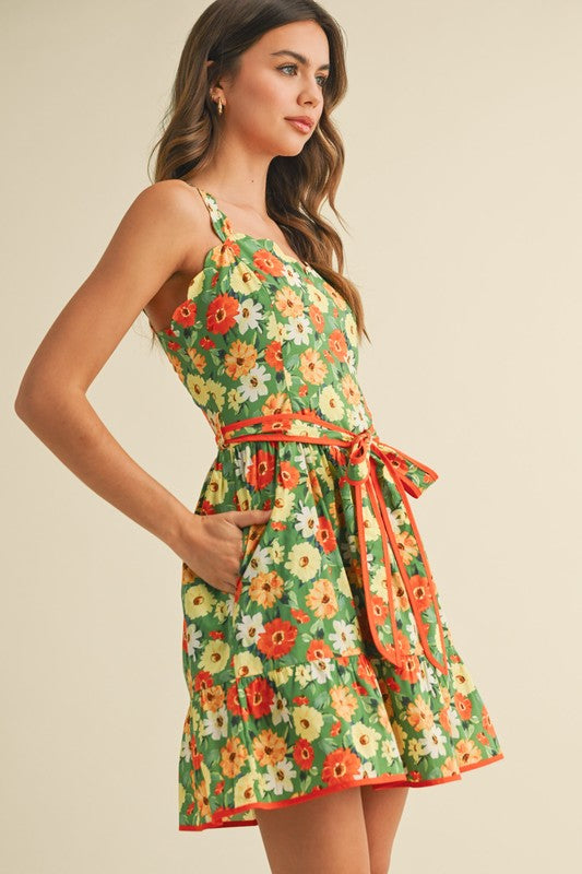 Scallop Edged Dress in Green Multi Floral