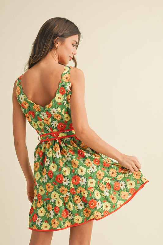 Scallop Edged Dress in Green Multi Floral