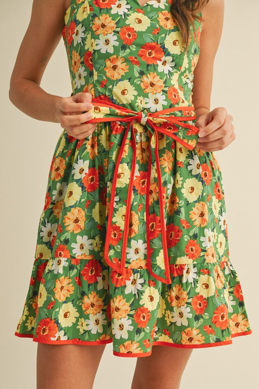 Scallop Edged Dress in Green Multi Floral