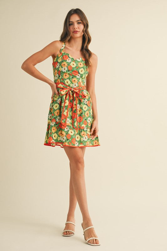Scallop Edged Dress in Green Multi Floral