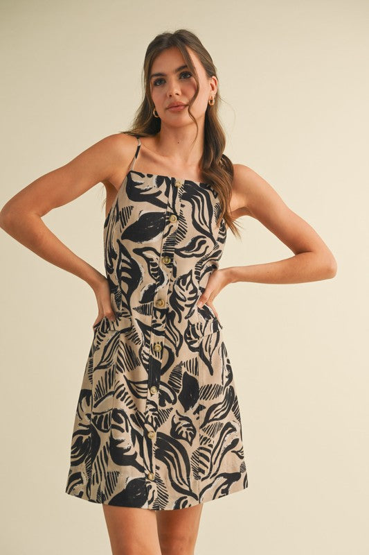 Black/Taupe Button Front Sleeveless Dress