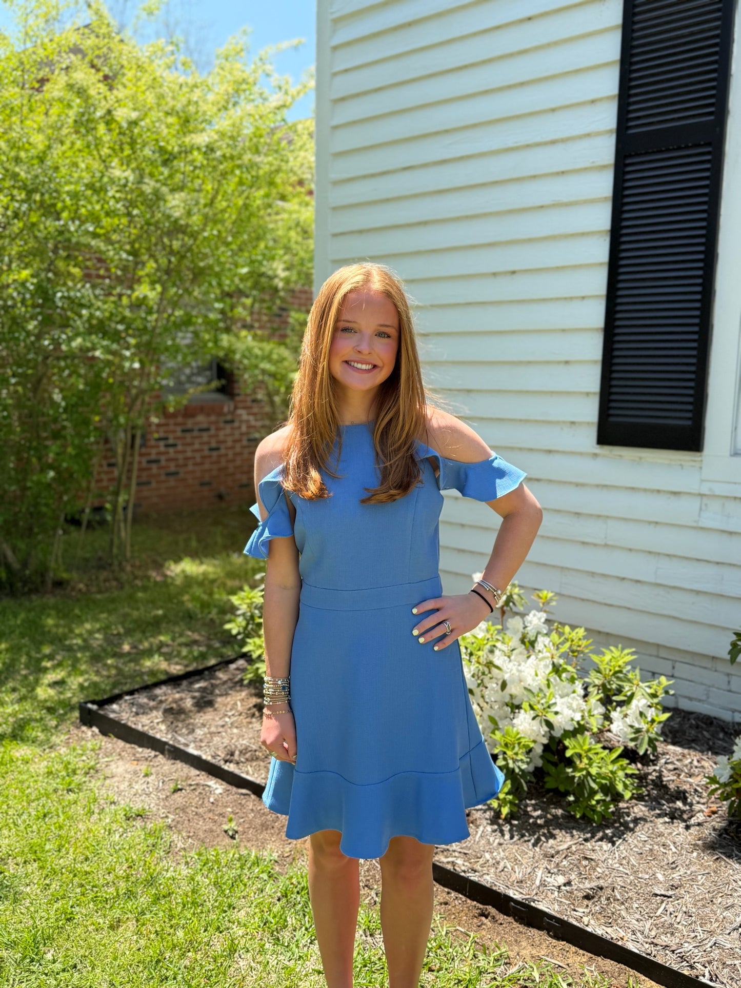 Cold Shoulder Mini Dress W/Ruffle Sleeves in Blue