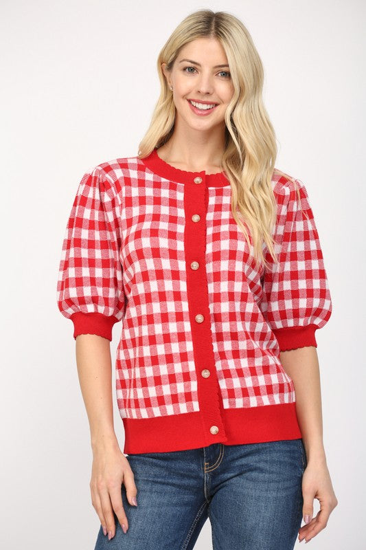 Gingham Pattern Cardigan W/Scalloped Edge in Red/White