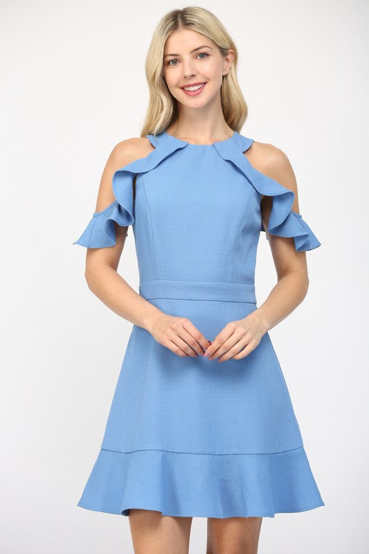 Cold Shoulder Mini Dress W/Ruffle Sleeves in Blue