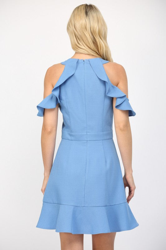 Cold Shoulder Mini Dress W/Ruffle Sleeves in Blue