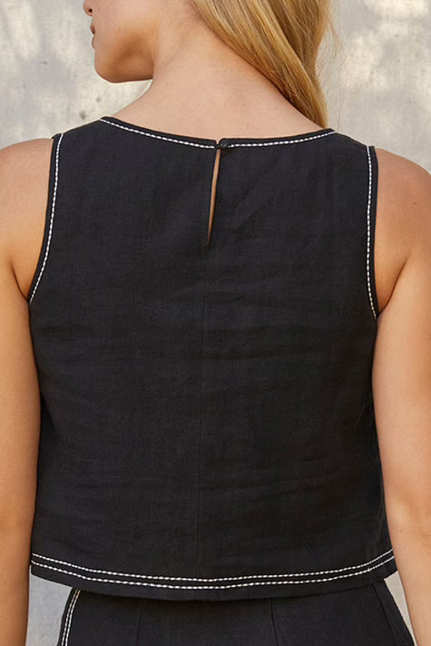 Tabby Contrast Embroidered Stitch Top in Black