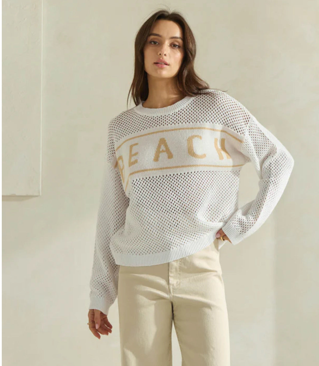 Beach Lettering Sweater Top in Ivory/Taupe